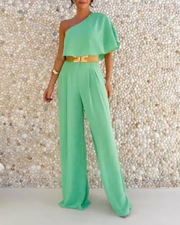 One Shoulder Ruffles Jumpsuit with Mental Belt
